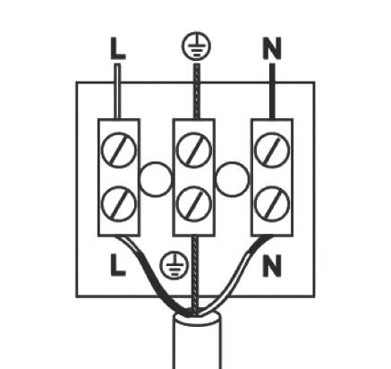 ENGLISH Installation Blue (neutral) connects to the terminal marked N. Brown or black (live) connect to the L terminal. Yellow-green (earth) connects to the screw marked with the earth symbol. 1.