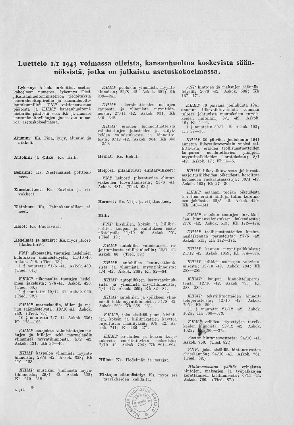 Luettelo i/i 1943 voimassa olleista, kansanhuoltoa koskevista säännöksistä, jotka on julkaistu asetuskokoelmassa. Lyhennys Askok. tarkoittaa asetuskokoelman numeroa, lyhennys Tied.