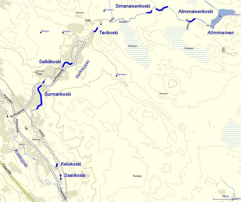 Yleiskartta Verkkojoen koskialueiden sijainnista.