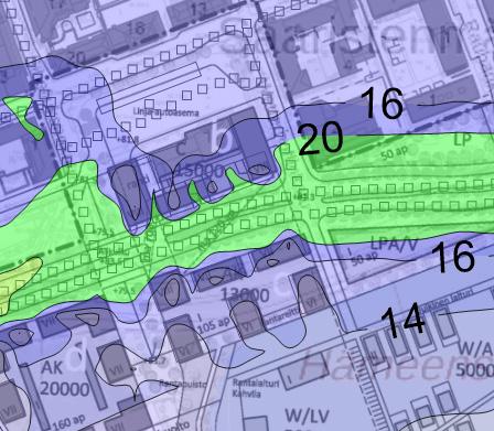 Alla on lähikuvat PM 10 vuorokausipitoisuuksista (Kuva 5) ja vuosipitoisuuksista (Kuva 6) linja-autoaseman korttelin suunnittelualueella v.