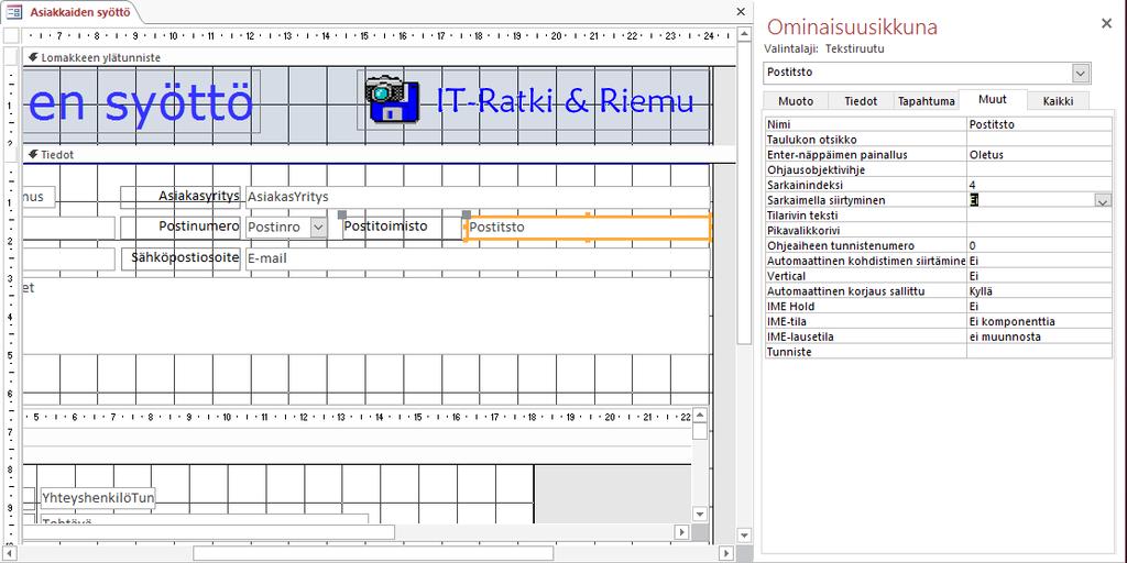 Sarkaimella kenttään siirtymisen estäminen Estä sarkaimella siirtyminen Rakennenäkymä (Design View) -näkymässä.