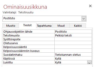 Aseta Sarkaimella siirtyminen (Tab Stop) -kohtaan voimaan asetus Ei (No). Sarkainindeksi (Tab Index) -arvon määräsit edellisessä harjoituksessa.