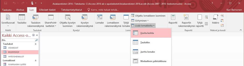 Lomakkeen luominen suoraan Harjoitustiedosto: Asiakasrekisteri-2016.accdb Luo uusi lomake postitoimipaikan syöttämiseen.