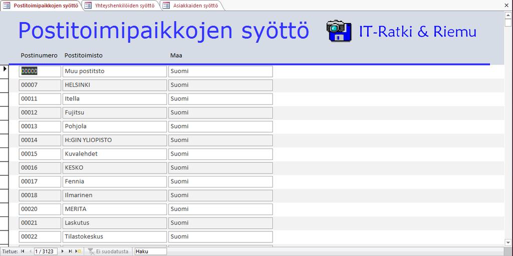 Lomakkeen muokkaaminen Lomaketta mukautat Järjestä (Arrange) -välilehden toiminnoilla Rakennenäkymä (Design View) -ikkunassa. Pienennä Tiedot (Details) -segmentin kenttien korkeutta.