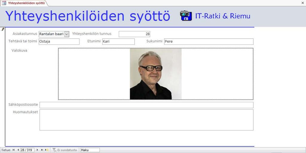 Tehtävä Ellet jo aiemmin luonut Yhteyshenkilöt-syöttölomaketta, niin tee se nyt. Harjoitustiedosto: Asiakasrekisteri-2016.accdb ja Kari-J.
