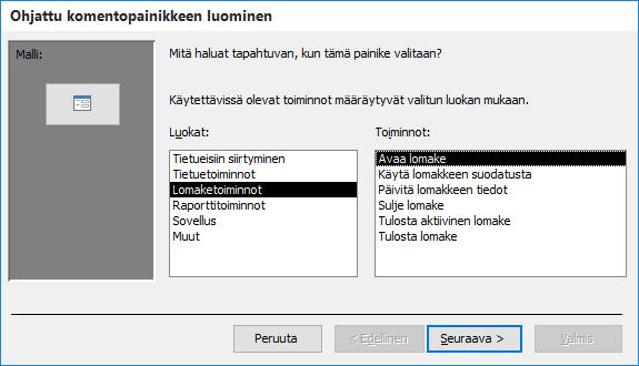 Napsauta osoittimella lomakkeen ylätunnisteen tyhjää kohtaa, saat esiin painikkeen luomiseen tarkoitetun ohjatun toiminnon.
