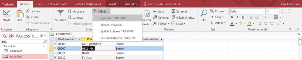 Kyselyn määrittely Kyselyllä (Query) haet kiinnostavia tietoja yhdestä tai useasta taulukosta. Kyselyllä voit muuttaa tietokannan sisältöä; lisätä, poistaa tai päivittää taulukoiden tietoja.