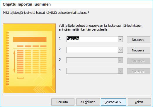 Valittu lajittelutapa Kuva 131 V aihe 3 Valitse lajitteluavaimeksi Postitsto-kenttä. Jätä voimaan Nouseva (Ascending) -lajittelujärjestys. Napsauta sitten Seuraava (Next) -painiketta.