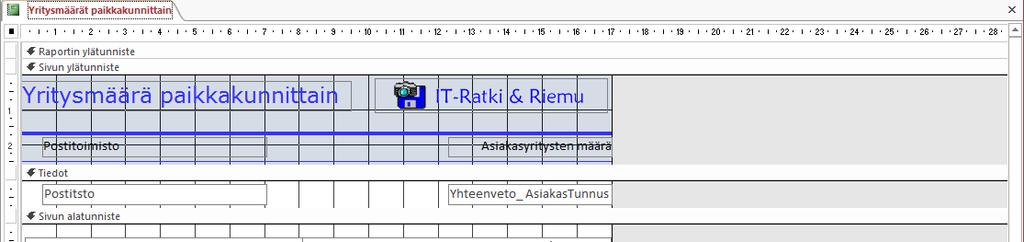 Ryhmittely ja laskenta raportissa Rakenna raportin alatunnisteeseen kenttä, jolla lasket kaikkien yritysten määrän.