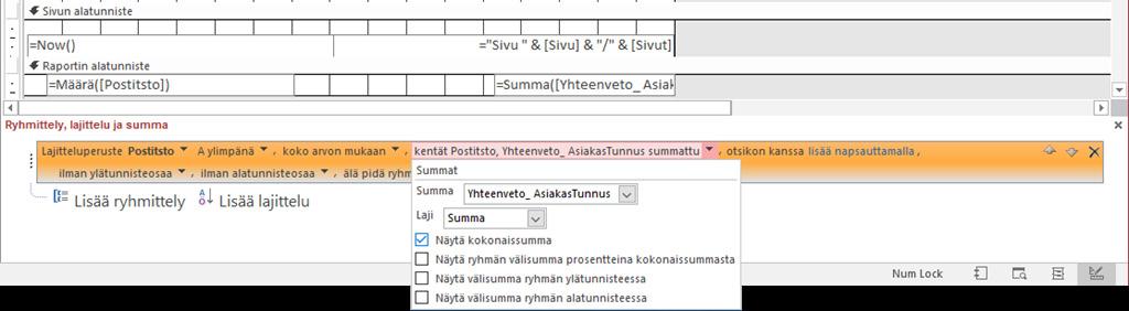 Kuva 138 Summaavan tekijän asettaminen Napsauta auki ei summattuja kenttiä (with no totals) -pudotusvalikko.