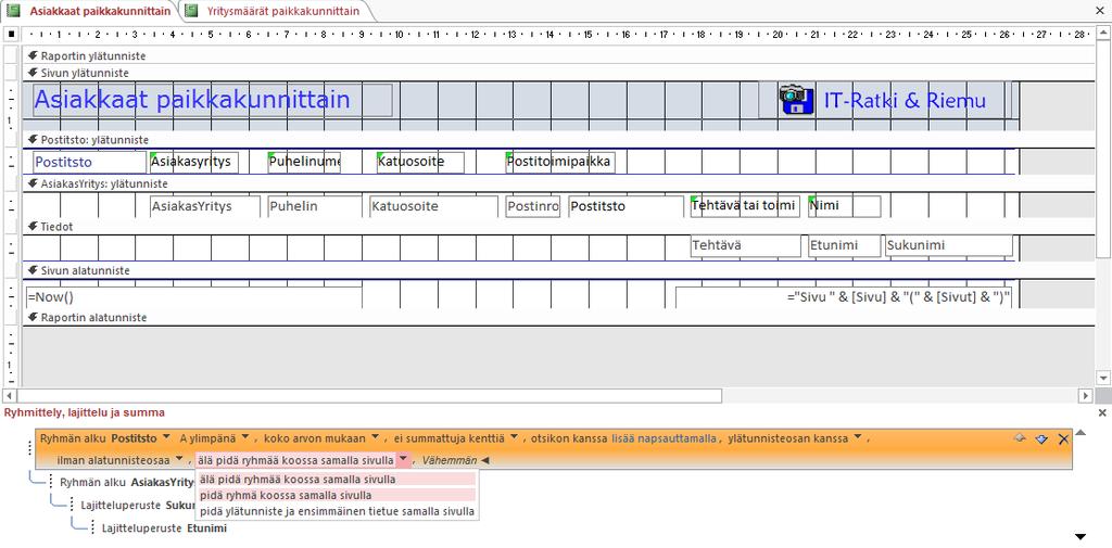 Siirrä Raportin ylätunniste (Report Header) -segmentistä kentät ja logo Sivun ylätunniste (Page Header) -segmenttiin. Aseta Raportin ylätunniste (Report Header) -lohkon korkeudeksi nolla.