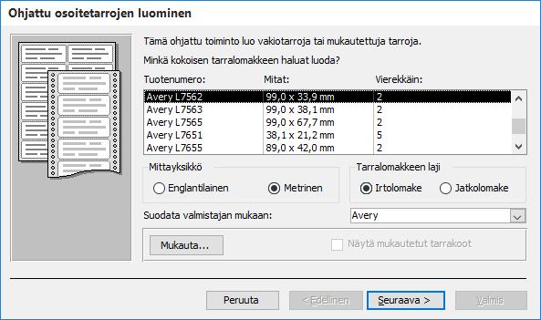 Tämä tarkoittaa sitä, että sinun on tiedettävä arkin standarditunnus (Avery L7562 tms.) tai sitten laadittava oma tarra-arkki ostetun arkin todellisen mitoituksen mukaan.