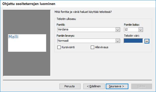 Värimäärityspainike Kuva 156 V aihe 2 Määritä kirjasinasetukset ja napsauta Seuraava (Next) -painiketta.