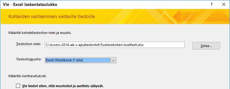 Tietokannan tietojen vienti Tietokannasta pitää usein viedä tietoa johonkin toiseen tiedostomuotoon. Tiedon vieminen tulee kyseeseen esimerkiksi kun tiedoista on tehtävä laskennallisia yhteenvetoja.