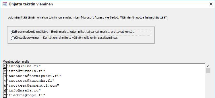 Kuva 167 Ohjattu tekstin vieminen (Export Text File) - valintaikkuna Valintaikkunassa voit