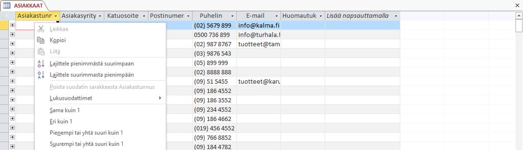 ! Pikavalikko Access tuo mukanaan perinteisen pikavalikon. Pikavalikko on ohjelman keskeisimpiä työkaluja.