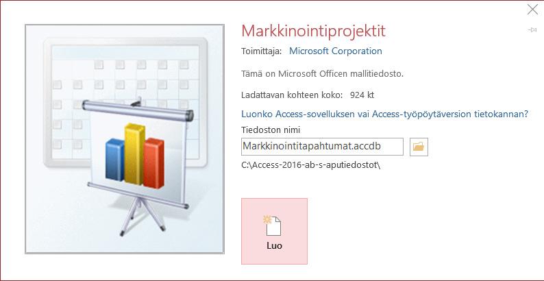 Uusi tietokanta mallia käyttäen Aloitusikkunassa voit luoda uuden tietokannan myös valmista mallia apuna käyttäen.