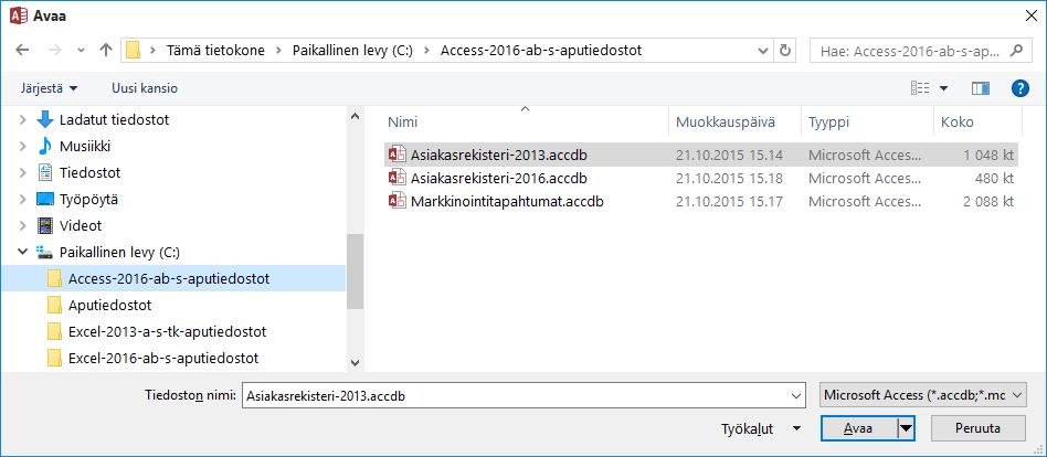 Tietokannan avaaminen Avaat olemassa olevan tietokannan helpoiten ohjelmassa näppäinyhdistelmällä Ctrl + o. Tietokannan voit avata myös napsauttamalla Tiedosto (File) -valikon Avaa (Open) -komentoa.