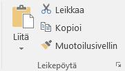 Office-leikepöydän otat esiin Leikepöytä (Clipboard) ryhmän oikeassa alakulmassa olevalla avainpainikkeella. Office-leikepöytä muistaa 24 viimeistä Office-ohjelmassa kopioitua objektia.