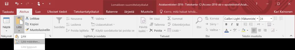 Liittäminen eli sijoittaminen (Paste) Sijoitatat Aloitus (Home) -välilehden Liitä (Paste) -painikkeella tai painamalla Ctrl + v -näppäimiä leikepöydän viimeisen objektin valitsemaasi kohtaan