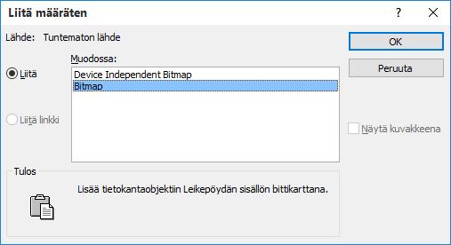 Pudotusvalikon Liitä määräten (Paste Special) -komennon avulla voit tehdä eri tilanteissa muutaman erityyppisen objektin liittämistoimen.