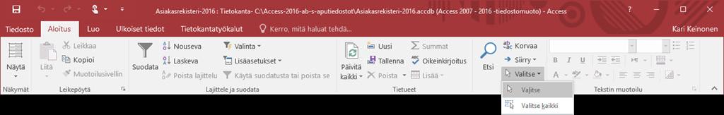 Valinta (Select) Valitse (Select) -pudotusvalikosta löydät kaksi komentoa joiden avulla voit nopeasti valita tietokantaobjekteista niille tehtyjä objekteja.