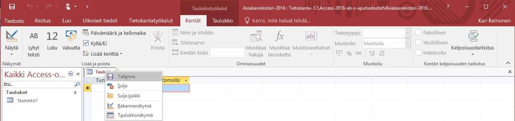 Taulukon määrittely Harjoitustiedosto: Asiakasrekisteri-2016.