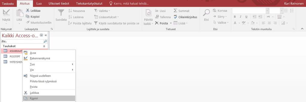 Rivilähde (Row Source) -kenttään on valittu ASIAKKAAT ja Sidossarake (Bound Column) arvoksi 1 (AsiakasTunnus-kenttä). Mukaan on otettu 2 saraketta.