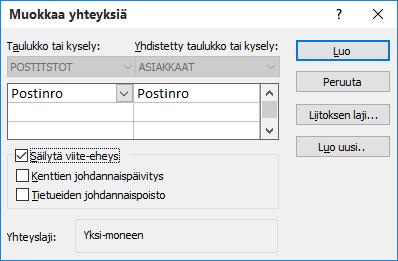 Painike liitostyyppien määrittelyyn Kuva 64 Muokkaa yhteyksiä (Edit Relationships) - valintaikkuna Napsauta voimaan Säilytä viite-eheys (Enforce Referential Integrity) -asetus.