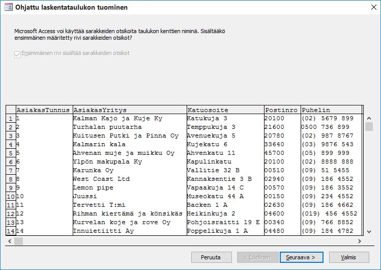 Kuva 72 Ohjattu laskentataulukon tuominen (Import Spreadsheet Wizard) - valintaikkuna Ohjatun toiminnon ensimmäisen vaiheen valintaikkunassa kerrotaan, että Microsoft Access voi käyttää sarakenimiäsi