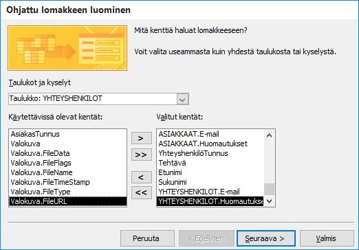 Valitut kentät Kuva 76 YHTEYSHENKILOT- taulukon kentät Valitse seuraavaksi pudotusvalikosta YHTESHENKILOT-taulukko ja