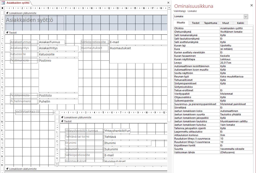 Lomakkeen ominaisuudet Lomake (Form) -objektin ominaisuusikkuna Ominaisuusluokkien valintapainikkeet, valittu luokka Muoto (Format) Lomakkeen yksittäisen ominaisuuden asetusarvo Kuva 84 Lomakkeen