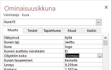 Valittu välilehti Kuva 88 Kuvan (logo) ominaisuusikkuna Logoa kaksoisnapsauttamalla saat esiin kuvan ominaisuudet. Objektin koko (Size Mode) -kentässä on oletusasetuksena Zoomaus (Zoom).