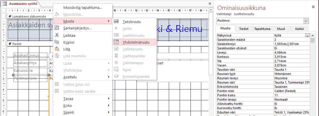 Objektityypin vaihtaminen Kuva 89 Postinro- kentän pikavalikko Kenttä on jo taulukkoa luotaessa tehty vahingossa luetteloruutuna.