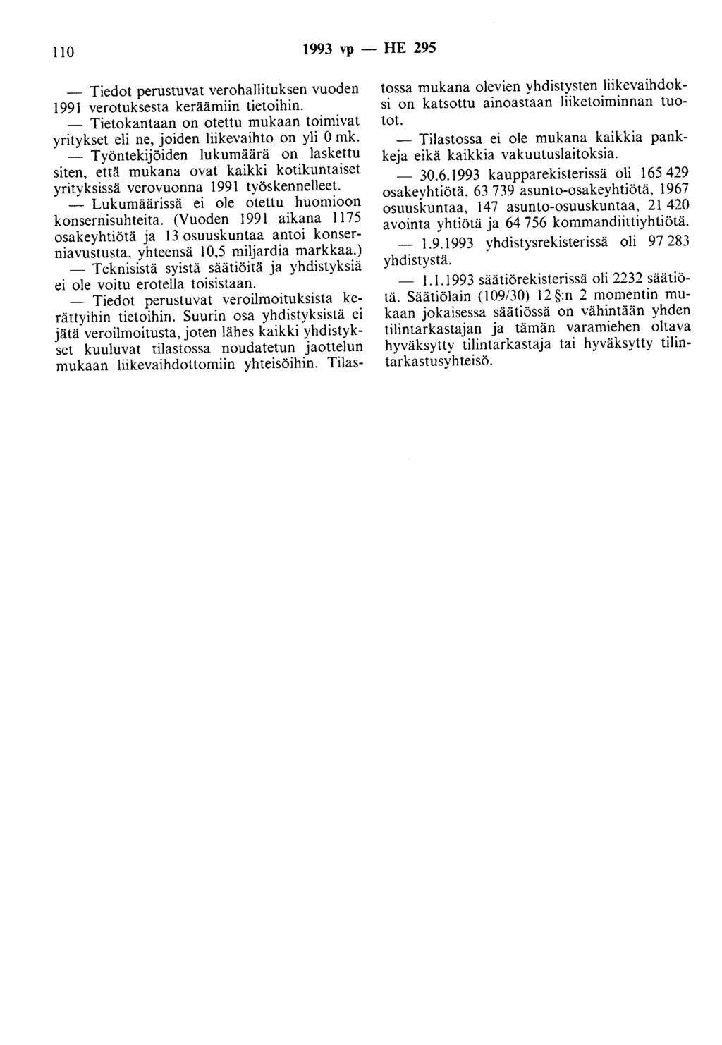 110 1993 vp - HE 295 - Tiedot perustuvat verohallituksen vuoden 1991 verotuksesta keräämiin tietoihin. - Tietokantaan on otettu mukaan toimivat yritykset eli ne, joiden liikevaihto on yli 0 mk.