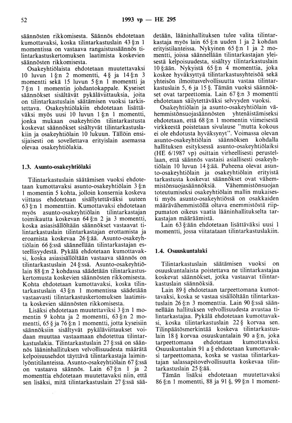52 1993 vp - HE 295 säännösten rikkomisesta.