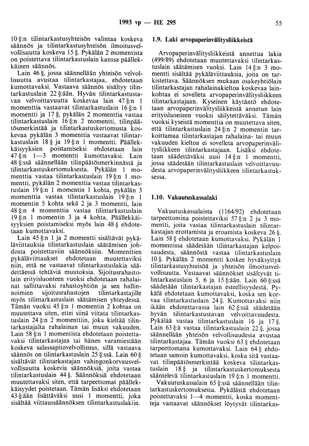 1993 vp - HE 295 55 10 :n tientarkastusyhteisön valintaa koskeva säännös ja tilintarkastusyhteisön ilmoitusvelvollisuutta koskeva 15.