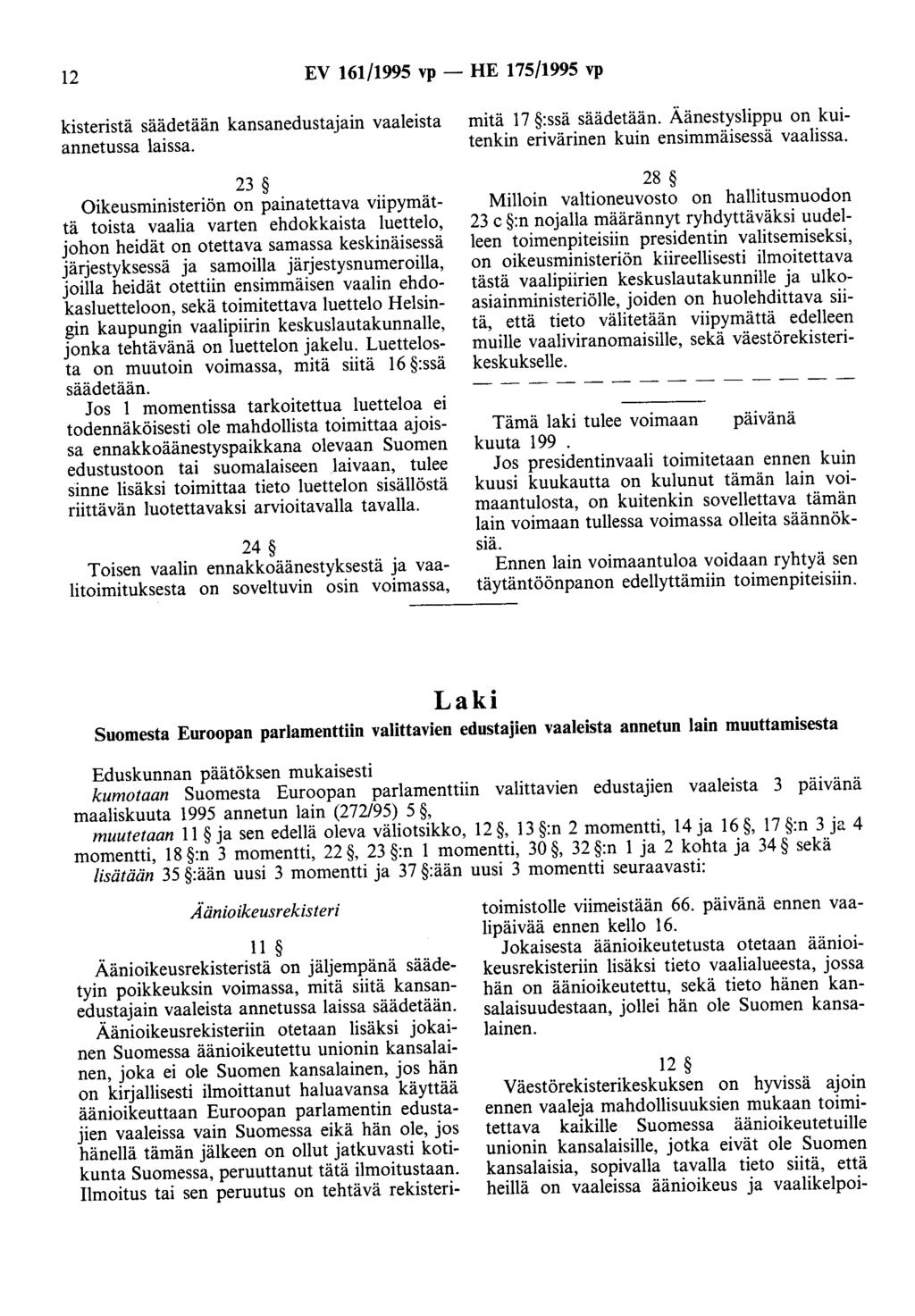 12 EV 161/1995 vp -HE 175/1995 vp kisteristä säädetään kansanedustajain vaaleista annetussa laissa.