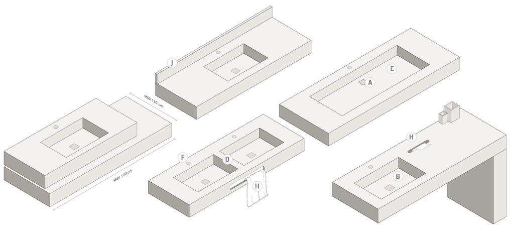 Silestone PESUALLASTASOT - MITTATILAUSTASOT E G B D A J F I H C K A - Pituus ja leveys mittaan sahattuna / Tarkasta hinta/ Minimi tilausmäärä 1 kpl B - Venttiilin sijainnin muutos / Tarkasta hinta/