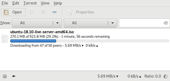 Ubuntu-käyttöjärjestelmän levykuvaa BitTorrent-parvelta. [Cohen 2003] 56 Kuva 2. Kuvankaappaus Transmission BitTorrent sovelluksesta lataamassa tiedostoa.