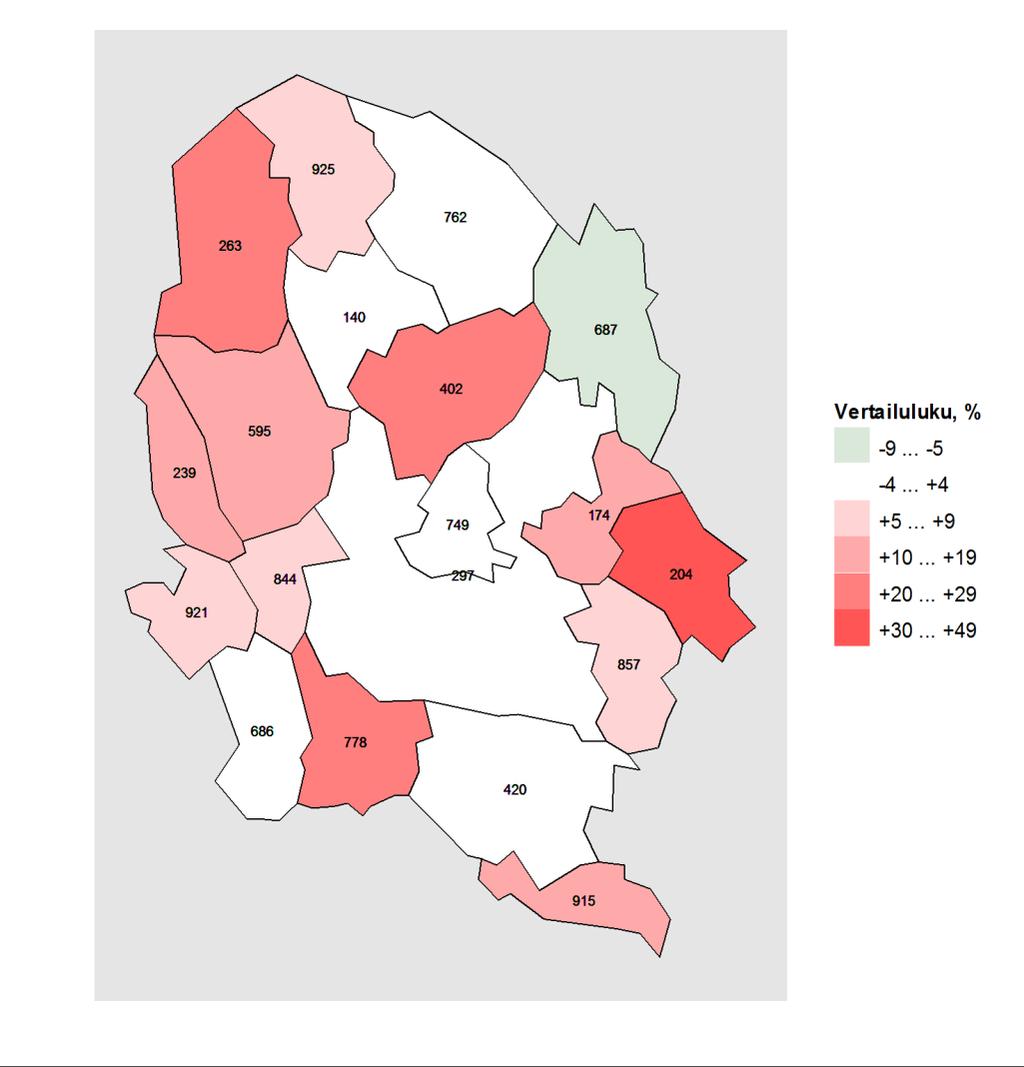 Kartta 1. Vammojen ja myrkytysten aiheuttamat hoitojaksot alueen kunnissa vuosina 2010 2014, vertailutiedot koko maan tilanteeseen. Kartta: Maanmittauslaitoksen Yleiskartta 1:4 500 000, 2011.
