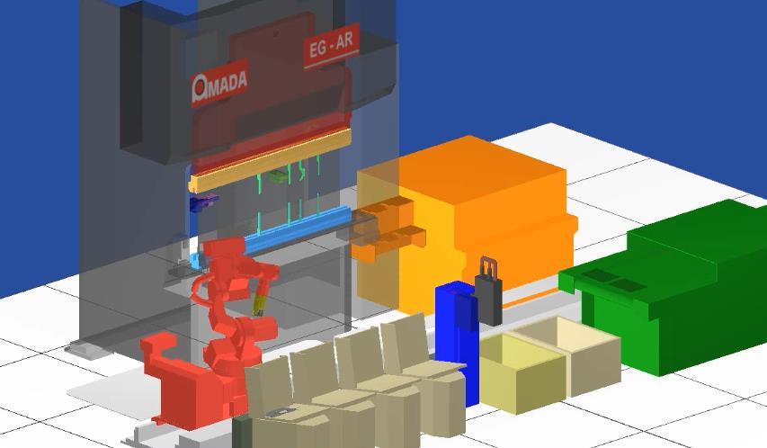 102 AR-CAM -ohjelmistolla voidaan tarpeen vaatiessa virtuaalisesti seurata särmäysohjelman eri vaiheita ja robotin liikkeitä aina levyaihioon tarttumisesta, valmiin kappaleen sijoittamisesta