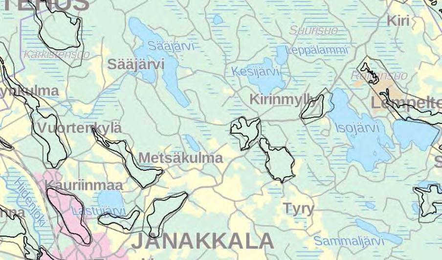 Kuva 8.Suunnittelualueelle sijoittuvat pohjavesialueet (Paikkatietokkuna) Vesistön ominaispiirteet Suunnittelualue kuuluu Kokemäenjoen päävesistöalueeseen ja se on osa Vanajaveden reittivesistöä.