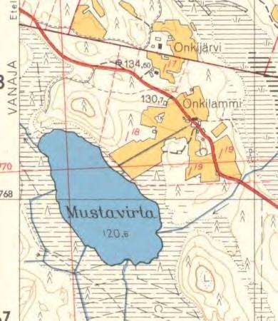1964 Kesijärven alue Mustavirran pohjoisrantaa vs. lännessä, oik idässä. Järveä ei ole merkitty v. 1776-1805 kuninkaankarttaan (ote s. 8). V.