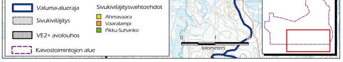 Ahmavaaran yhteyteen läjitettäessä (VAA1 ja PIK1) suotovesien purkusuunta on Ruonajoen yläosan valuma-alue (64.082).