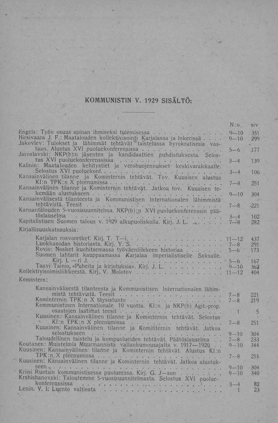 * Kl:n... : 7 B. 11 12 11 12., 9 lo... 1 KOMMUNISTIN V. 1929 SISÄLTÖ: N:o siv Engels: Työn osuus apinan ihmiseksi tulemisessa 9 lo 351 Hirsivaara J. F.