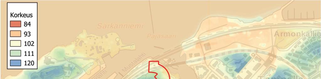 Raportti 4/14 Selvitysalueen korkein kohta sijaitsee Näsinpuistossa selvitysalueen pohjoisosassa. Matalin kohta on alueen itäosassa Puuvillatehtaankadun eteläpuolella (kuva 4). Kuva 4.