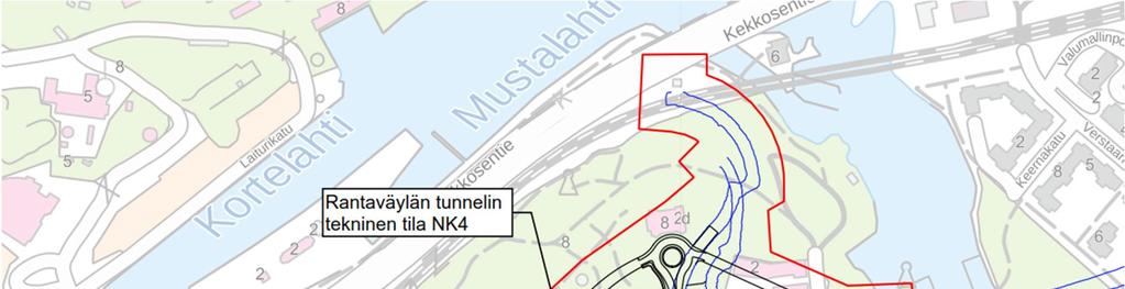Raportti 7/14 Kuva 7. Näsikallion eritasoliittymän ja Amuritunnelin yleissuunnitelman mukaisten maanalaisten tilojen ja maanpäällisten rakenteiden sijainti.