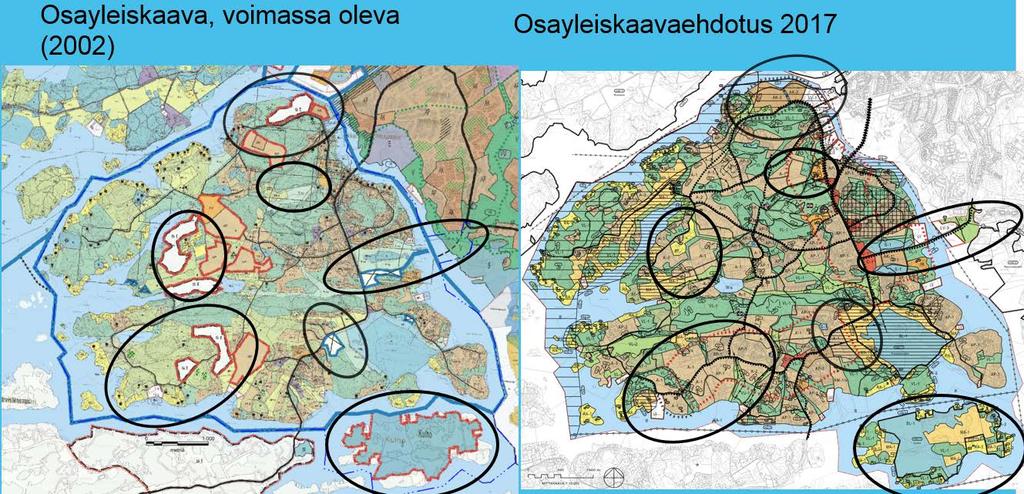 34 Keskeiset maankäytön muutokset Muutokset voimassa olevaan osayleiskaavaan Seuraavassa lyhyt kuvaus tärkeimmistä muutoksista verrattuna voimassa olevaan yleiskaavatilanteeseen: Osayleiskaavassa