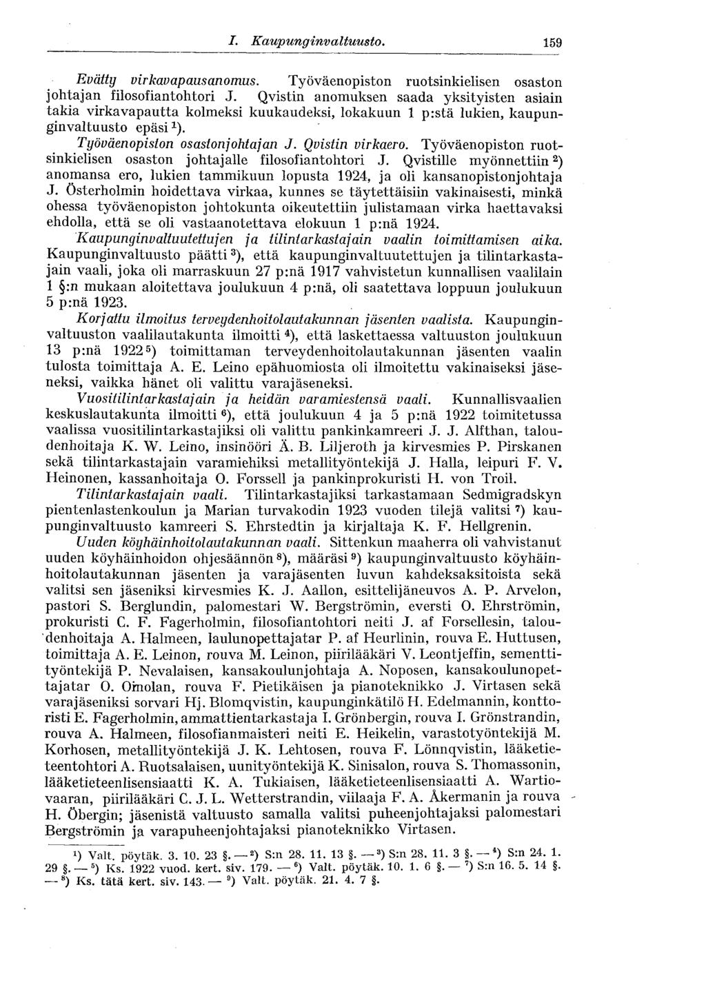 I. Kaupunginvaltuusto. 159 Evätty virkavapausanomus. Työväenopiston ruotsinkielisen osaston johtaj an filosofiantohtori J.